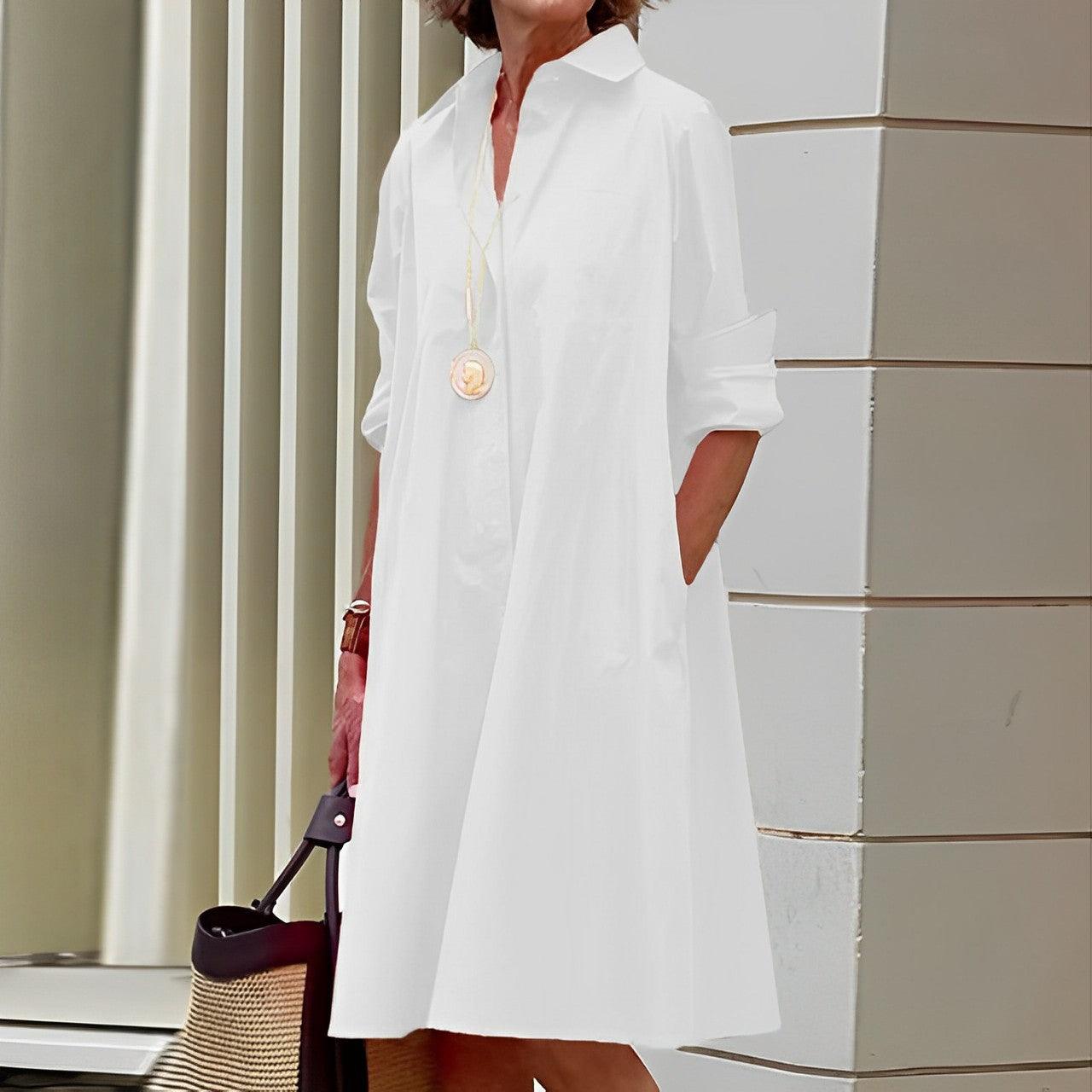 Marcela | Vestido moderno con cuello vuelto y camisa de lino de manga tres cuartos y escote en pico