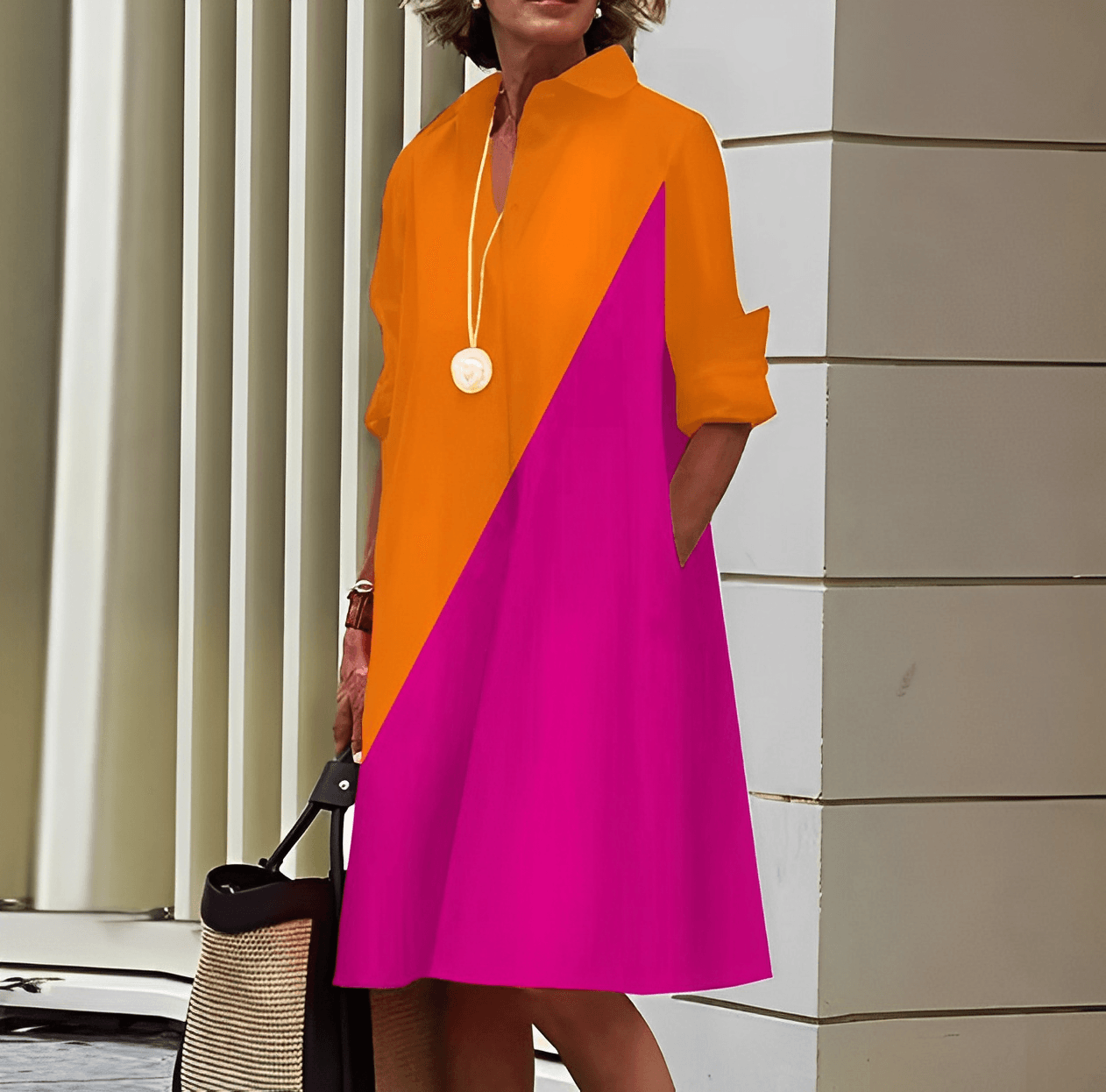 Marcela | Vestido moderno con cuello vuelto y camisa de lino de manga tres cuartos y escote en pico