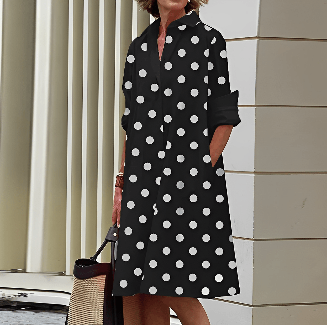 Marcela | Vestido moderno con cuello vuelto y camisa de lino de manga tres cuartos y escote en pico