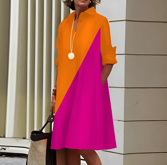 Marcela | Vestido moderno con cuello vuelto y camisa de lino de manga tres cuartos y escote en pico